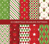 10 Christmas different seamless patterns. Endless texture for wallpaper, web page background, wrapping paper and etc. Retro style.