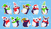 Ten cute penguin characters in different poses and hats. Merry Christmas or new year greetings. Pre-made stickers. Vector illustration in cartoon style. All elements are isolated.