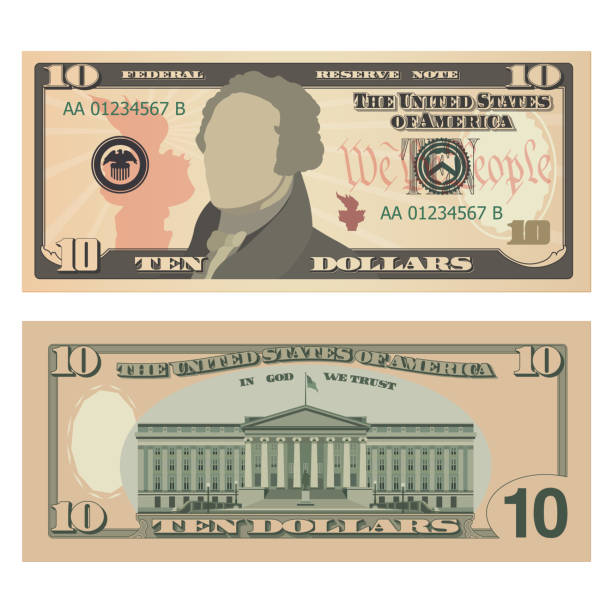 Ten dollar bill, 10 US dollars banknote, from obverse and reverse. Simplified vector illustration of USD isolated on a white background Ten dollar bill, 10 US dollars banknote, from obverse and reverse. Simplified vector illustration of USD isolated on a white background federal reserve stock illustrations