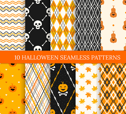 Ten Halloween different seamless patterns. Endless texture for wallpaper, web page background, wrapping paper and etc. Smiling skulls and pumpkins, bones, leaves and lines