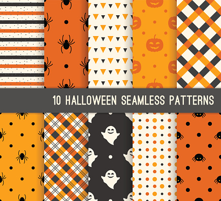 Ten Halloween different seamless patterns. Endless texture for wallpaper, web page background, wrapping paper and etc. Pumpkin and spiders