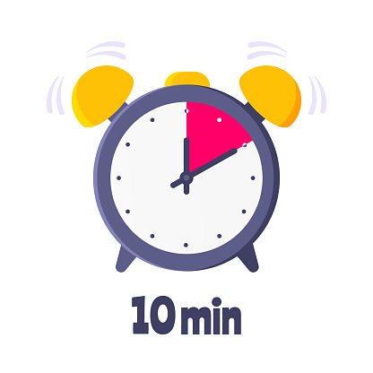 Ten minutes on analog clock face flat style design vector illustration icon sign isolated on white background. Analogue wall clock 10 minutes time management business concept.