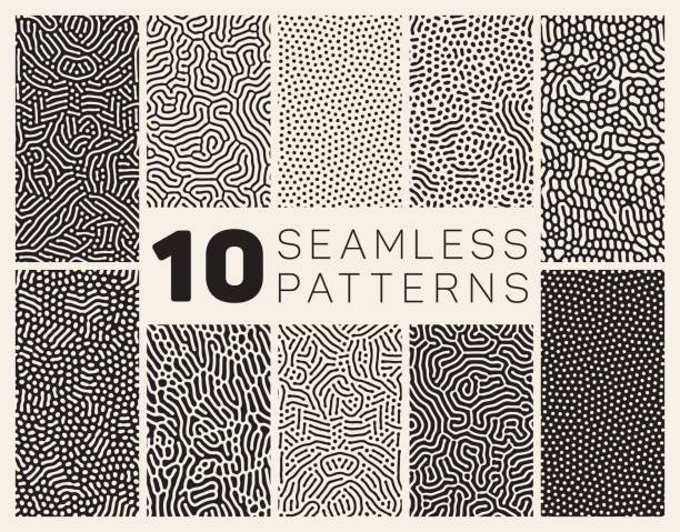 Ten Vector Seamless Organic Patterns Set of Ten Vector Seamless Black and White Organic Rounded Jumble Maze Lines Patterns Abstract Background biology illustrations stock illustrations