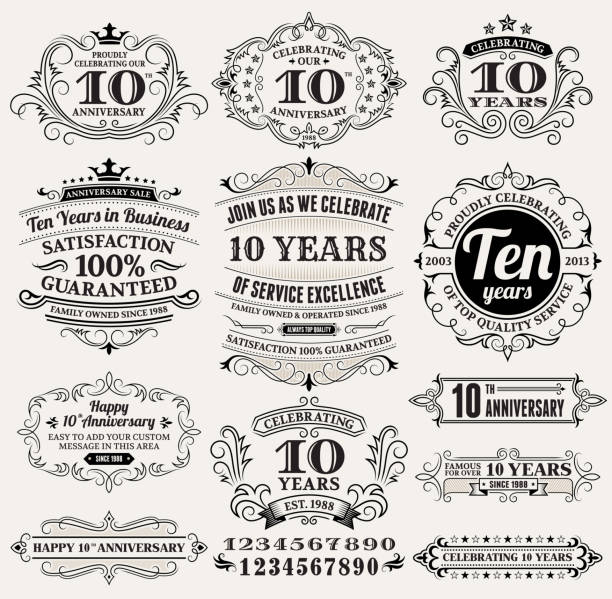 ten year anniversary hand-drawn royalty free vector background on paper ten year anniversary hand-drawn royalty free vector background on paper. This image depicts a paper background with multiple anniversary announcement designs. The beige paper background serves a perfect backdrop for making the anniversary announcements look authentic and elegant. The hand-drawn design are unique and intricate in design and are ideal for your anniversary design announcements. 10 11 years stock illustrations