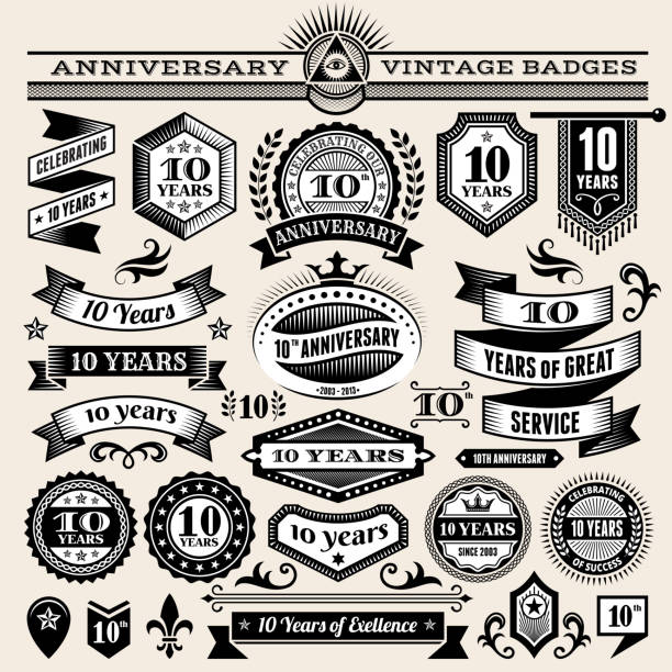 ten year anniversary hand-drawn royalty free vector background on paper ten year anniversary hand-drawn royalty free vector background on paper. This image depicts a paper background with multiple anniversary announcement designs. The beige paper background serves a perfect backdrop for making the anniversary announcements look authentic and elegant. The hand-drawn design are unique and intricate in design and are ideal for your anniversary design announcements. 10 11 years stock illustrations