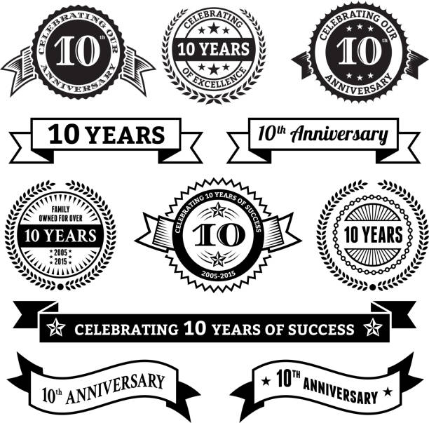 ten year anniversary vector badge set royalty free vector background ten year anniversary vector badge set royalty free vector background. This image depicts multiple anniversary announcement designs on simple white background. The anniversary announcements look authentic and elegant. There are several designs of bages and insignia elements as well as banner ribbons. The designs are black. 10 11 years stock illustrations