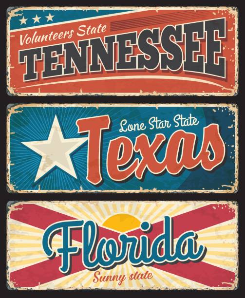 Tennessee, Texas and Florida states rusty plates Tennessee, Texas and Florida states rusty metal plates. USA states old, shabby signs, signboards with flag stars and stripes, retro typography, inscriptions and rusty scratches texture vector texas stock illustrations