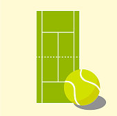 Tennis ball and tennis court on light pink background. Vector design. Sports, game, competition,fitness,activity vector illustration. Vector elements of equipment for tennis. Realistic color version.