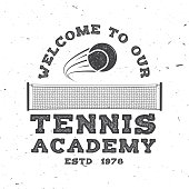 Welcome to our Tennis Academy. Vector illustration. Concept for shirt, print, stamp or tee. Vintage typography design with tennis ball and net silhouette.