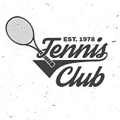 Tennis club badge. Vector illustration. Concept for shirt, print, stamp or tee. Vintage typography design with tennis racket silhouette.