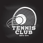 Tennis club badge. Vector illustration on the chalkboard. Concept for shirt, print, stamp or tee. Vintage typography design with tennis racket and ball silhouette.