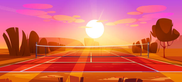 теннисный корт, спортивная площадка с сеткой на закате - wimbledon tennis stock illustrations