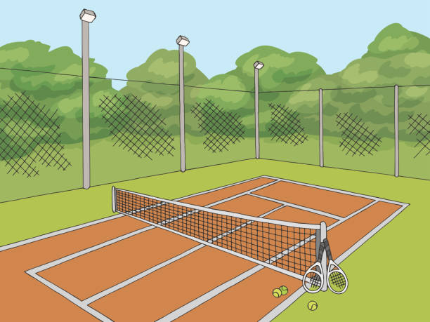 bildbanksillustrationer, clip art samt tecknat material och ikoner med tennisbana sport grafisk färg skiss illustration vektor - tennis court