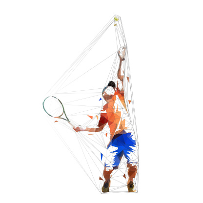 Tennis player serving ball, low poly vector illustration. Geometric man playing tennis. Individual summer sport. Active people