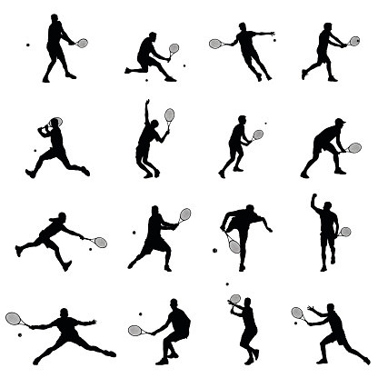 Tennis Player Set Of Sixteen Men Illustration Black Vector Silhouettes