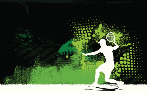 Graphic silhouette background illustration of a tennis player getting ready to return the ball. Check out my 