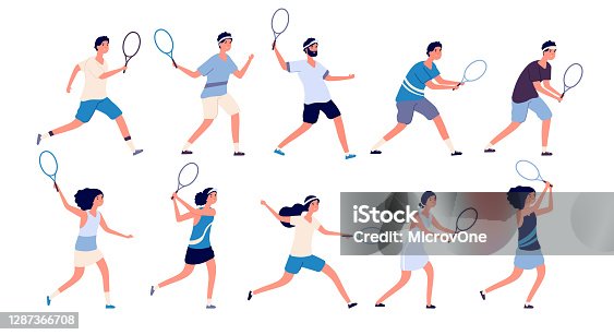 istock Tennis players. Man and woman holding racket and hitting ball playing tennis. Isolated cartoon vector characters set 1287366708