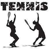 Black and white illustrations of tennis players serving the ball with the word "Tennis".