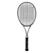 Tennis racket black silhouette, vector isolated illustration. Racket sports game equipment.