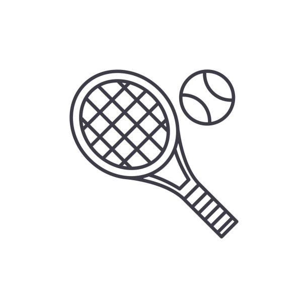 網球拍線圖示的概念。網球球拍向量線性插圖, 符號, 符號 - 球拍 幅插畫檔、美工圖案、卡通及圖標