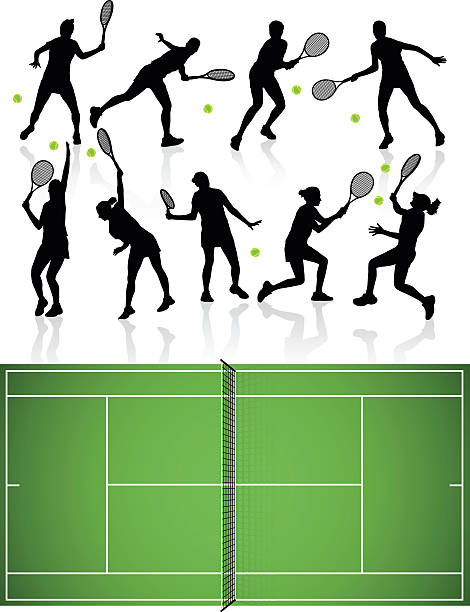 bildbanksillustrationer, clip art samt tecknat material och ikoner med tennis silhouettes and court - teen girls team sport