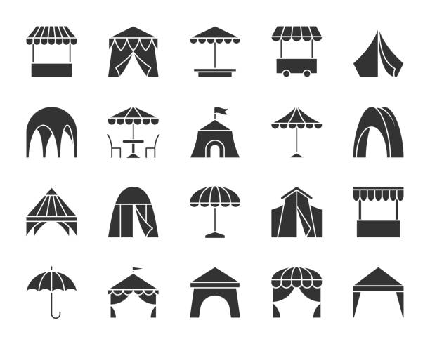 Tent black silhouette icons vector set Tent silhouette icons set. Sign kit of umbrella. Awning pictogram collection includes circus, trade cart, fast food sunshade. Simple tent black symbol isolated on white. Vector Icon shape for stamp canopy stock illustrations