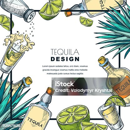 istock Tequila label design template. Sketch vector illustration. Bar menu white frame background 1125471625