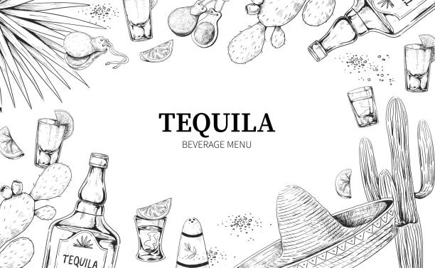 Tequila menu. Hand drawn frame of Mexican alcohol drink in bottle and shot glass with lemon and salt. Engraving cactus and agaves. Traditional castanets and sombrero. Vector border sketch Tequila menu. Hand drawn frame of Mexican alcohol drink in bottle and shot glass with lemon and salt. Engraving cactus and agave plants. Traditional Latin castanets and sombrero. Vector border sketch cactus borders stock illustrations