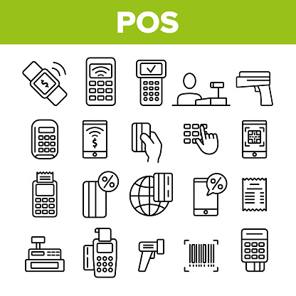 POS Terminal, Mobile Payment Vector Linear Icons Set. POS, Cashless E-Payment Machine Outline Symbols Pack. Financial Transaction, Billing System. Banking And Finance Isolated Contour Illustrations