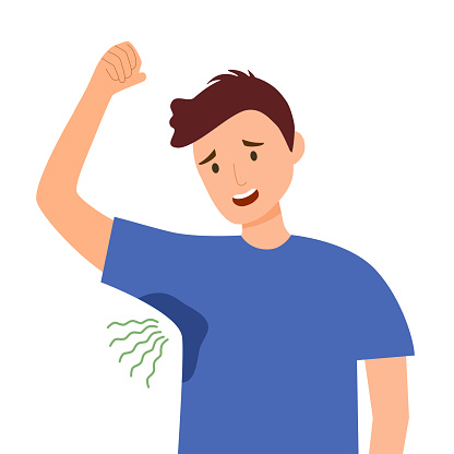 Terrible smell armpit concept vector illustration on white background. Woman has bad smell and sweaty underarm. Bad body odor problem.