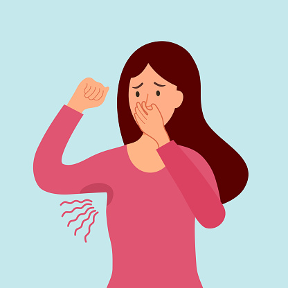 Terrible smell armpit concept vector illustration. Woman has bad smell and sweaty underarm. Bad body odor problem.