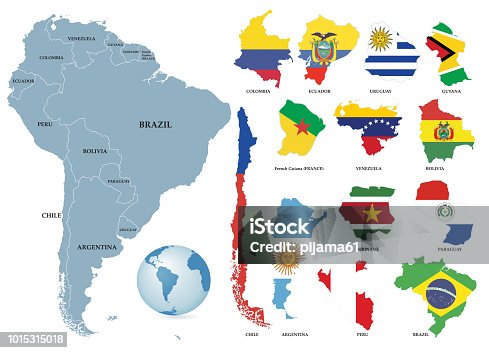 istock Territories of countries on South America continent. Separate countries with flags. 1015315018