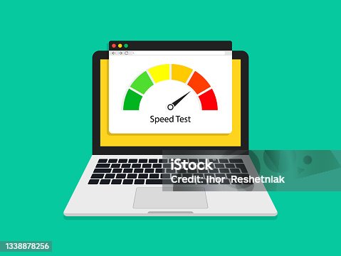 istock Test of speed internet in laptop. Fast speed of download. High mbps internet performance. Website with speedometer in computer screen. Icon of test of web speed. Load of site. Report of check. Vector 1338878256