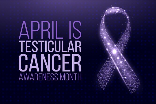 Testicular cancer awareness month concept. Banner with purple ribbon awareness and text. Vector illustration