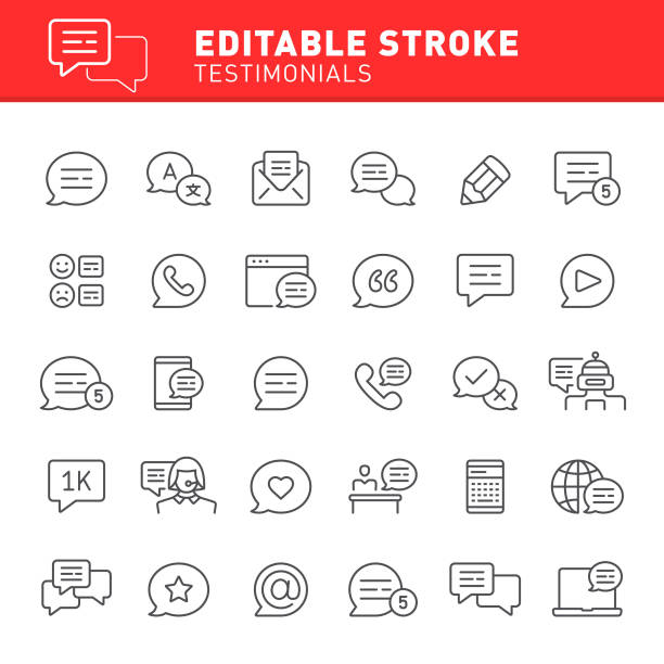 Testimonials Icons Testimonials, speech bubble, social media, editable stroke, outline, icon, icon set, communication chatbot stock illustrations