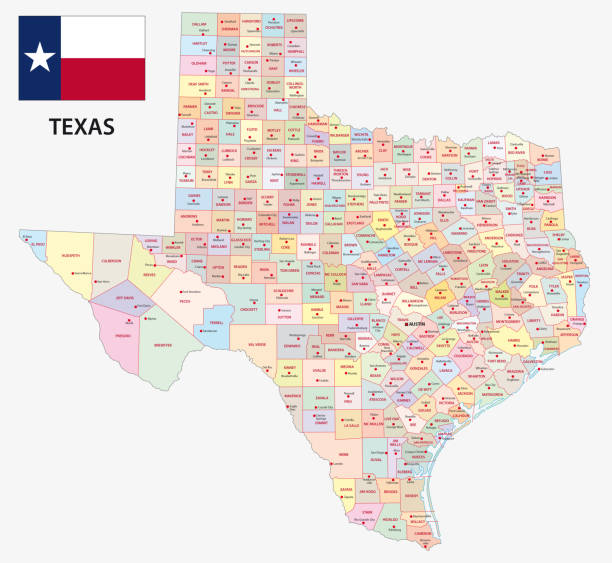 ilustraciones, imágenes clip art, dibujos animados e iconos de stock de mapa administrativo de texas con bandera - texas