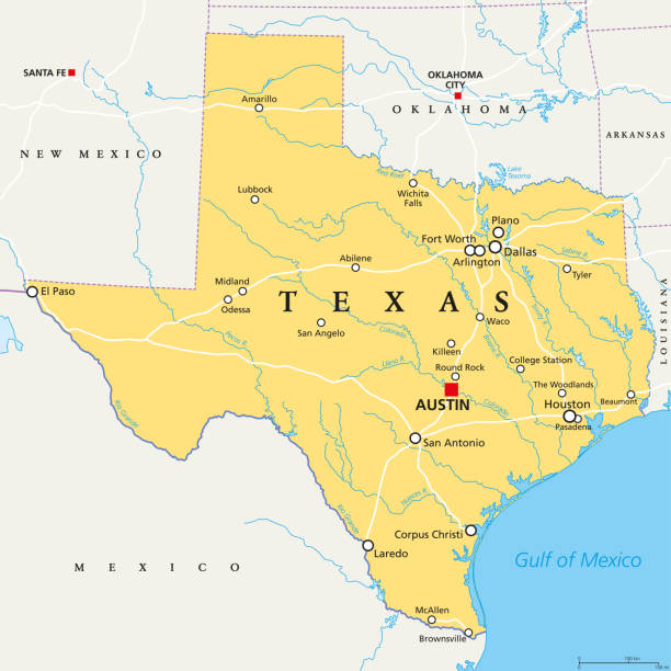 Texas, United States, political map Texas, political map, with capital Austin, borders, important cities, rivers and lakes. State in the South Central region of the United States of America. English labeling. Illustration. Vector. river borders stock illustrations