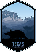 istock Texas vector label with Nine-banded armadillo and Big Bend National Park 1367746682