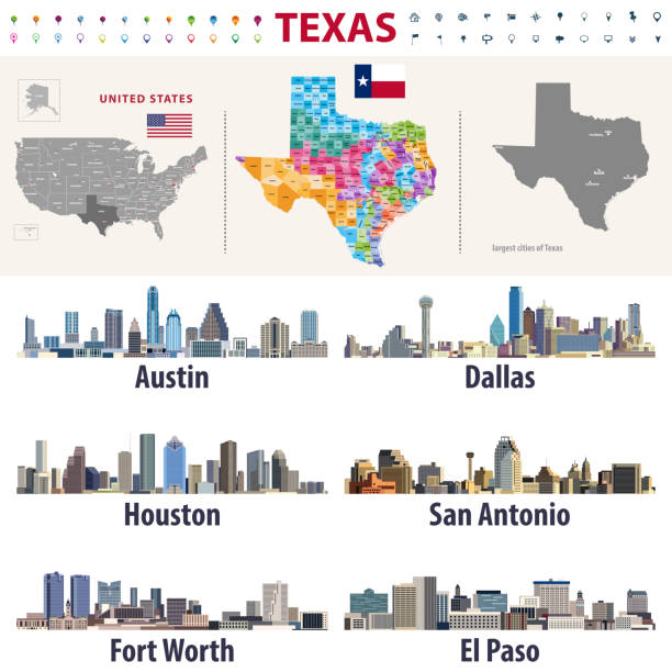 ilustraciones, imágenes clip art, dibujos animados e iconos de stock de vector alta mapa detallado de texas que muestra formaciones de condados. skylines de las ciudades más grandes de texas - san antonio