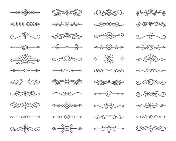 Text Divider simple black line icons vector set Text Divider thin line icons set. Outline sign border element kit. Page Decoration linear icon paper break, book decoration. Simple separator black contour symbol isolated on white vector Illustration division stock illustrations