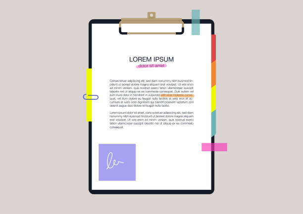 A text document with memos, highlights, and notes, a collective access file, a clipboard mockup vector art illustration