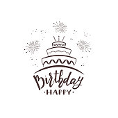 Black text Happy Birthday with cake and fireworks isolated on white background, illustration.