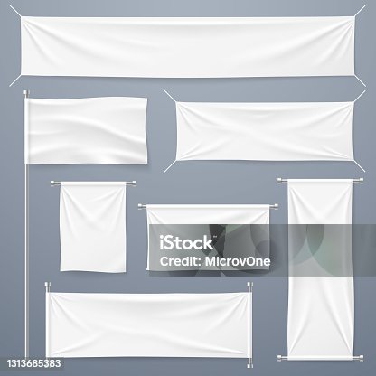 istock Textile banners. White blank cloth horizontal, vertical banners and flag. Fabric advertising ribbons and posters vector template 1313685383