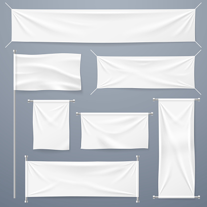 Textile banners. White blank cloth horizontal, vertical banners and flag. Fabric advertising ribbons and posters vector template. White textile sheet, material canvas hanging illustration