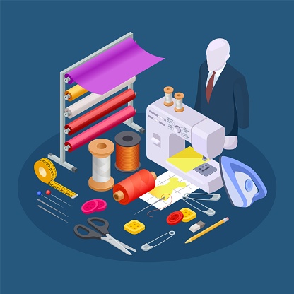 Textile industry composition. Isometric sewing vector. Sewing workshop collection