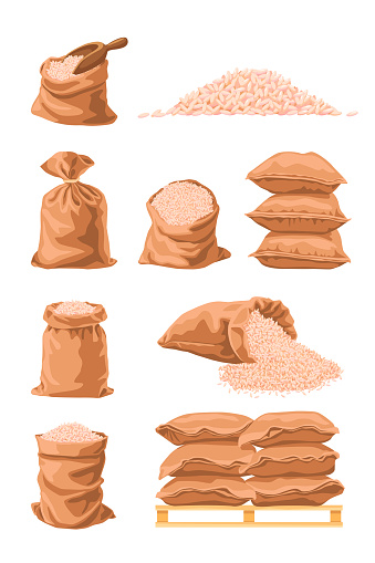 Textile sacks full of rice cartoon vector illustration