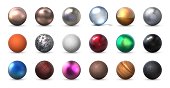 Texture spheres. Realistic 3D balls of different material. Collection matte and shiny round forms from steel, plastic. Branding, company identity template, vector colorful geometric shapes set