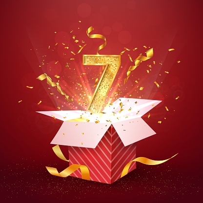 7 th year number anniversary and open gift box with explosions confetti isolated design element. Template seven seventh birthday celebration on red background vector Illustration.