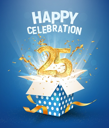 25 th years anniversary and open gift box with explosions confetti. Isolated design element. Template twenty five birthday celebration on blue background vector Illustration.