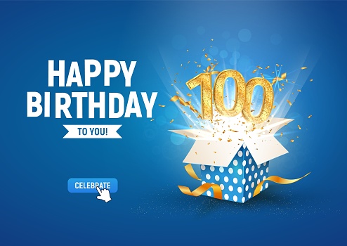 100 th years anniversary banner with open burst gift box. Template hundredth birthday celebration and abstract text on blue background vector illustration.